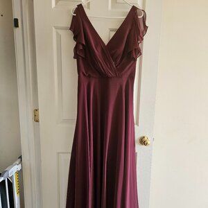 Dress with Flutter Sleeve Full Skirt (David’s Bridal Bridesmaid Dress, Wine)
